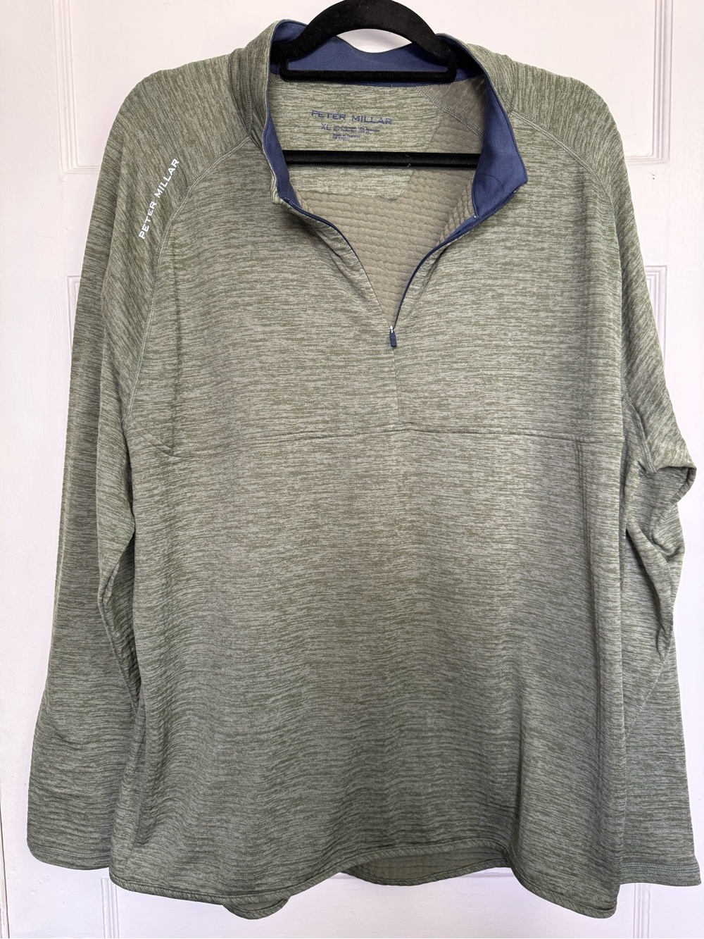 Peter Millar Heather Olive Green Performance 1/4 Zip Pullover with Navy Trim XL